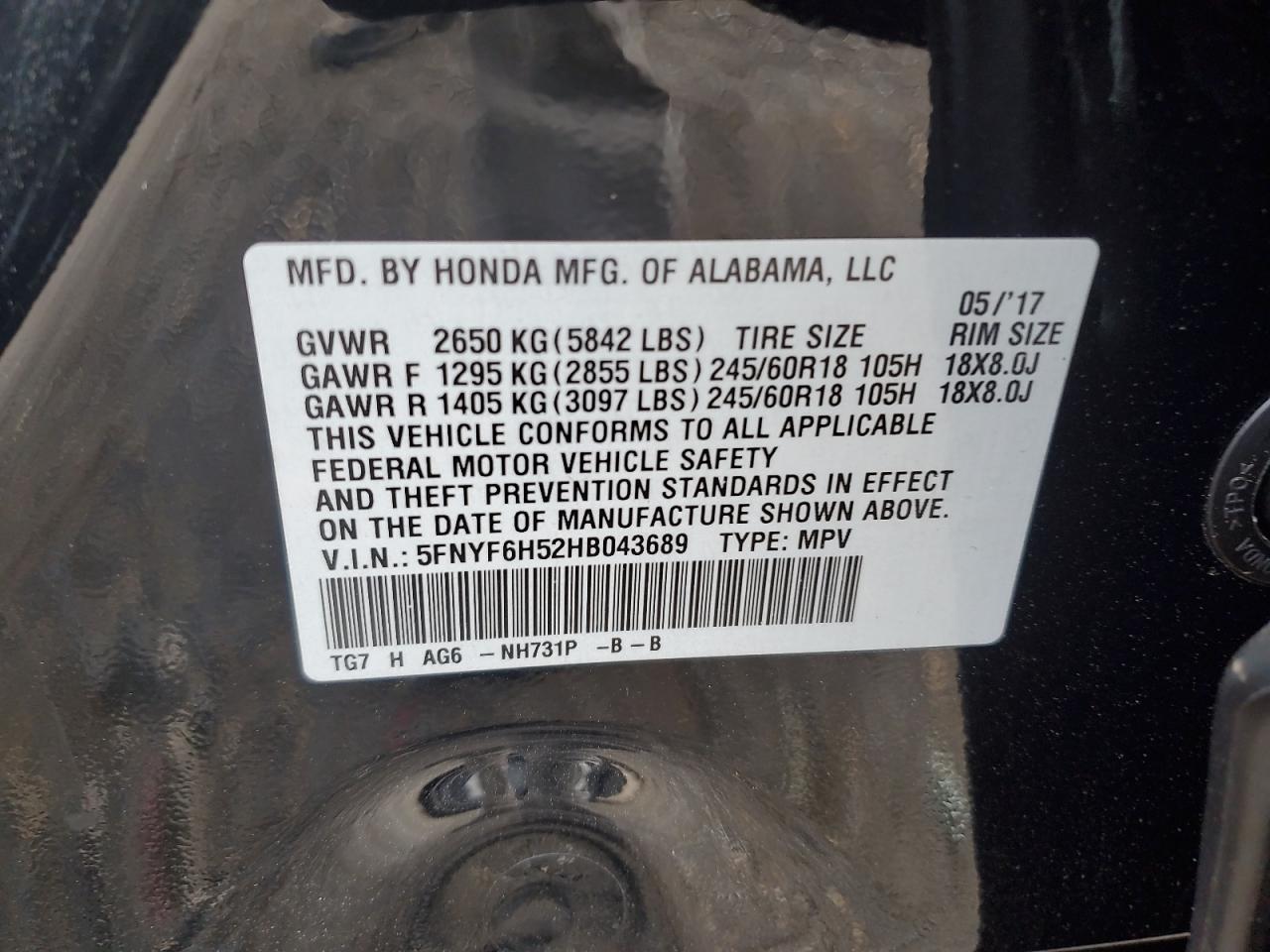 5FNYF6H52HB043689 HONDA PILOT 2017