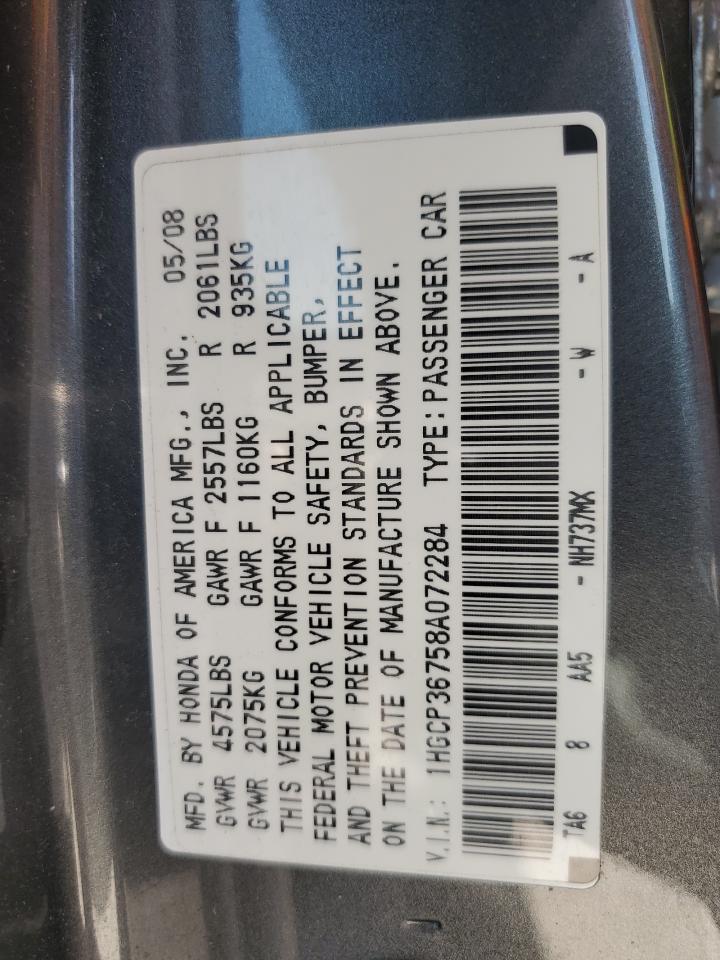 2008 Honda Accord Ex VIN: 1HGCP36758A072284 Lot: 54213225