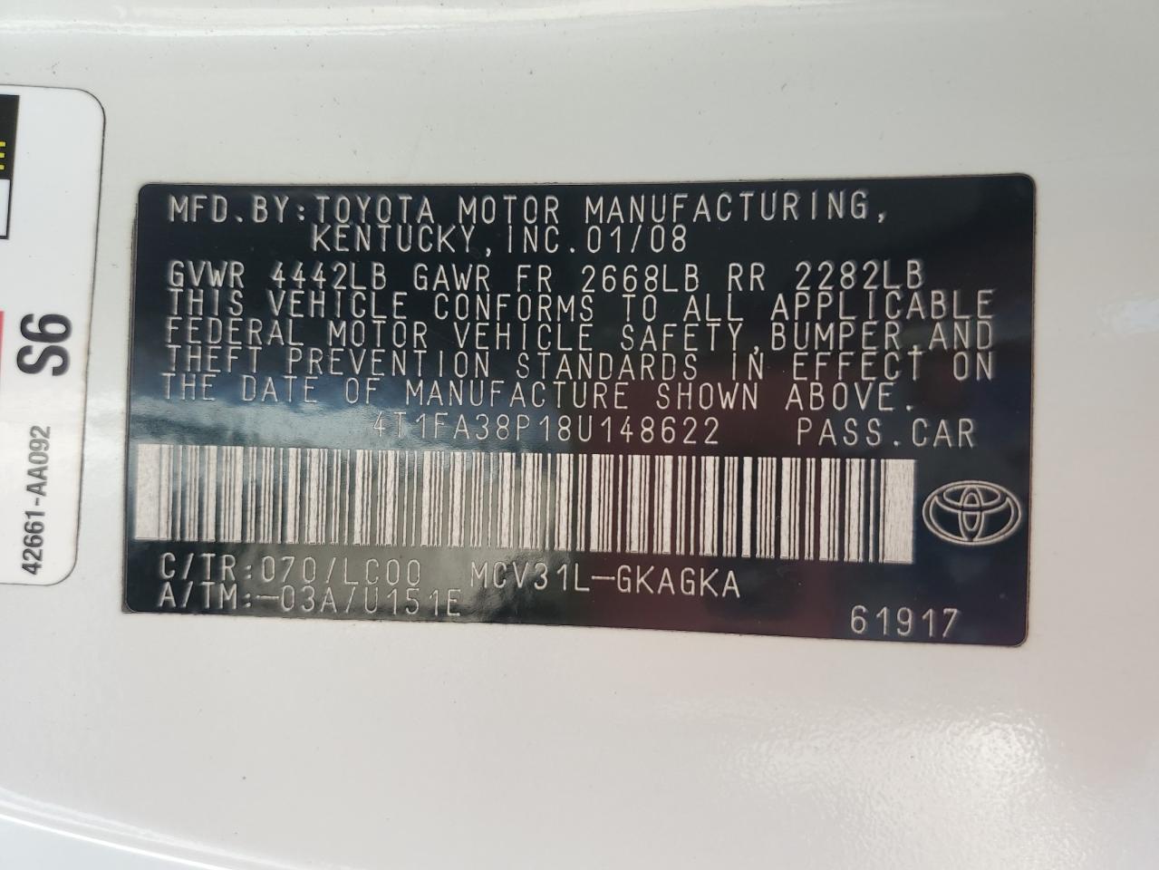 2008 Toyota Camry Solara Se VIN: 4T1FA38P18U148622 Lot: 55301885