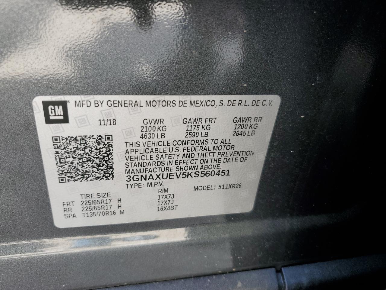 3GNAXUEV5KS560451 CHEVROLET EQUINOX 2019