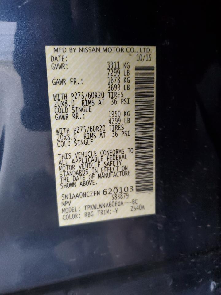 2015 Nissan Armada Sv VIN: 5N1AA0NC2FN620103 Lot: 52776365