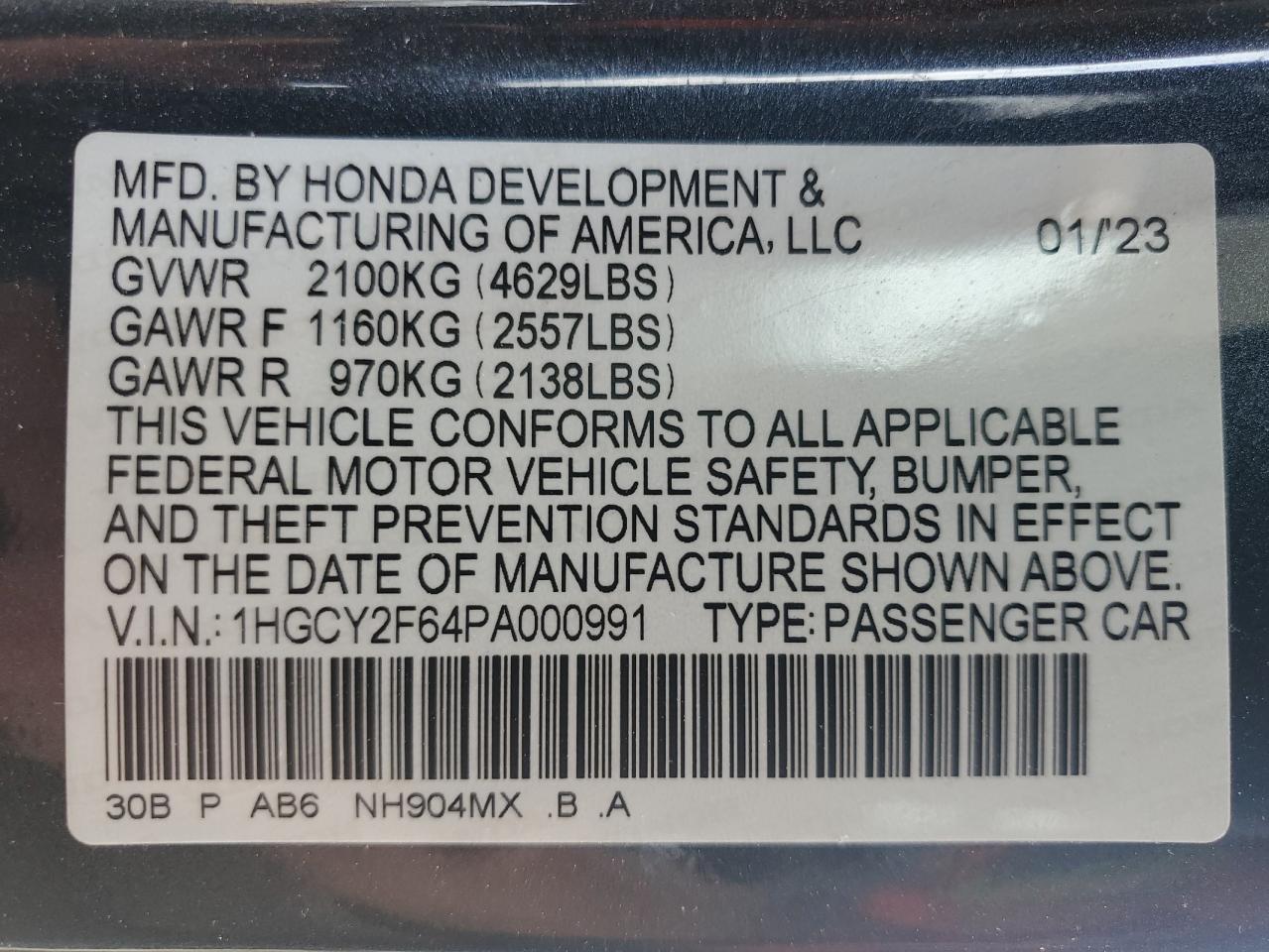 1HGCY2F64PA000991 HONDA ACCORD 2023