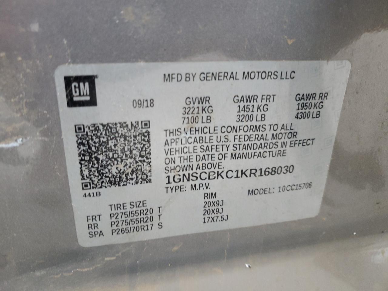 1GNSCBKC1KR168030 CHEVROLET TAHOE 2019