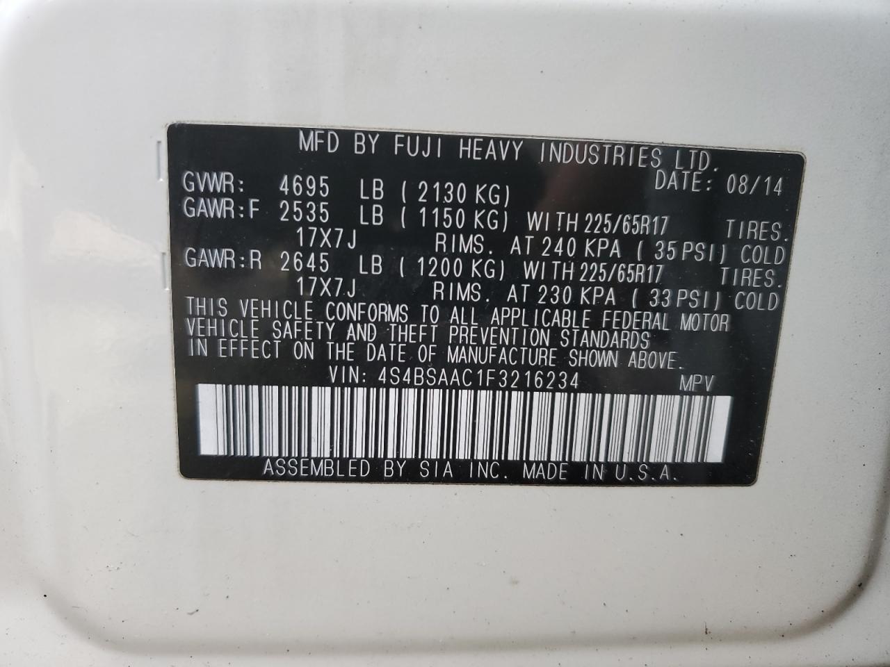 2015 Subaru Outback 2.5I VIN: 4S4BSAAC1F3216234 Lot: 51432185