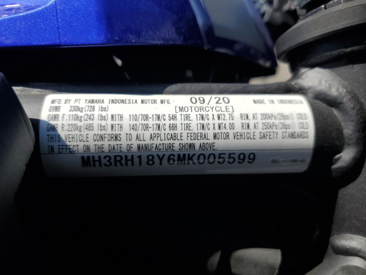 2021 Yamaha Yzfr3 A VIN: MH3RH18Y6MK005599 Lot: 54533995