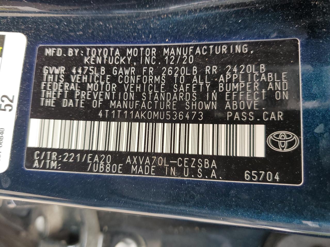 4T1T11AK0MU536473 TOYOTA CAMRY 2021