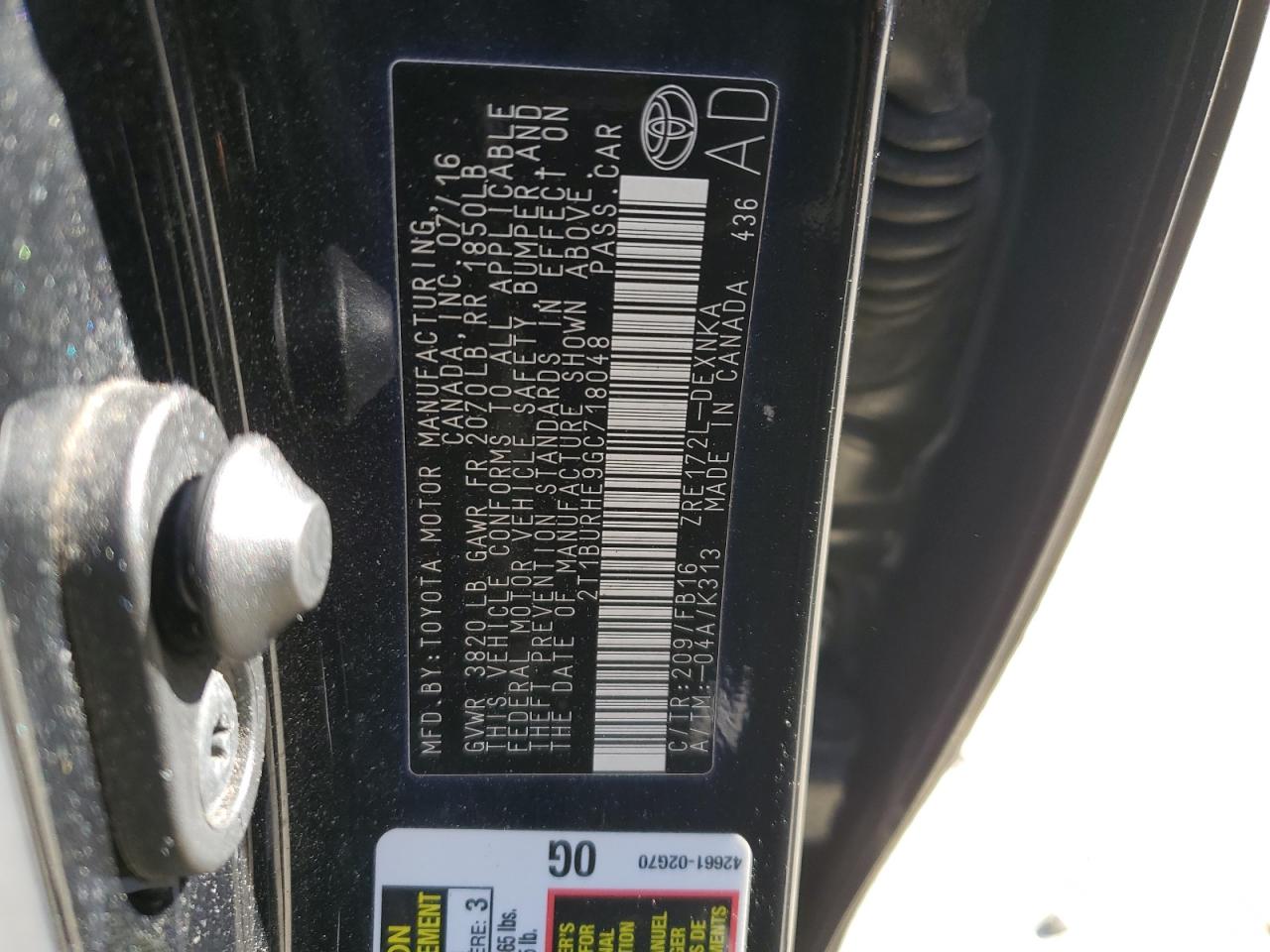 2T1BURHE9GC718048 TOYOTA COROLLA 2016