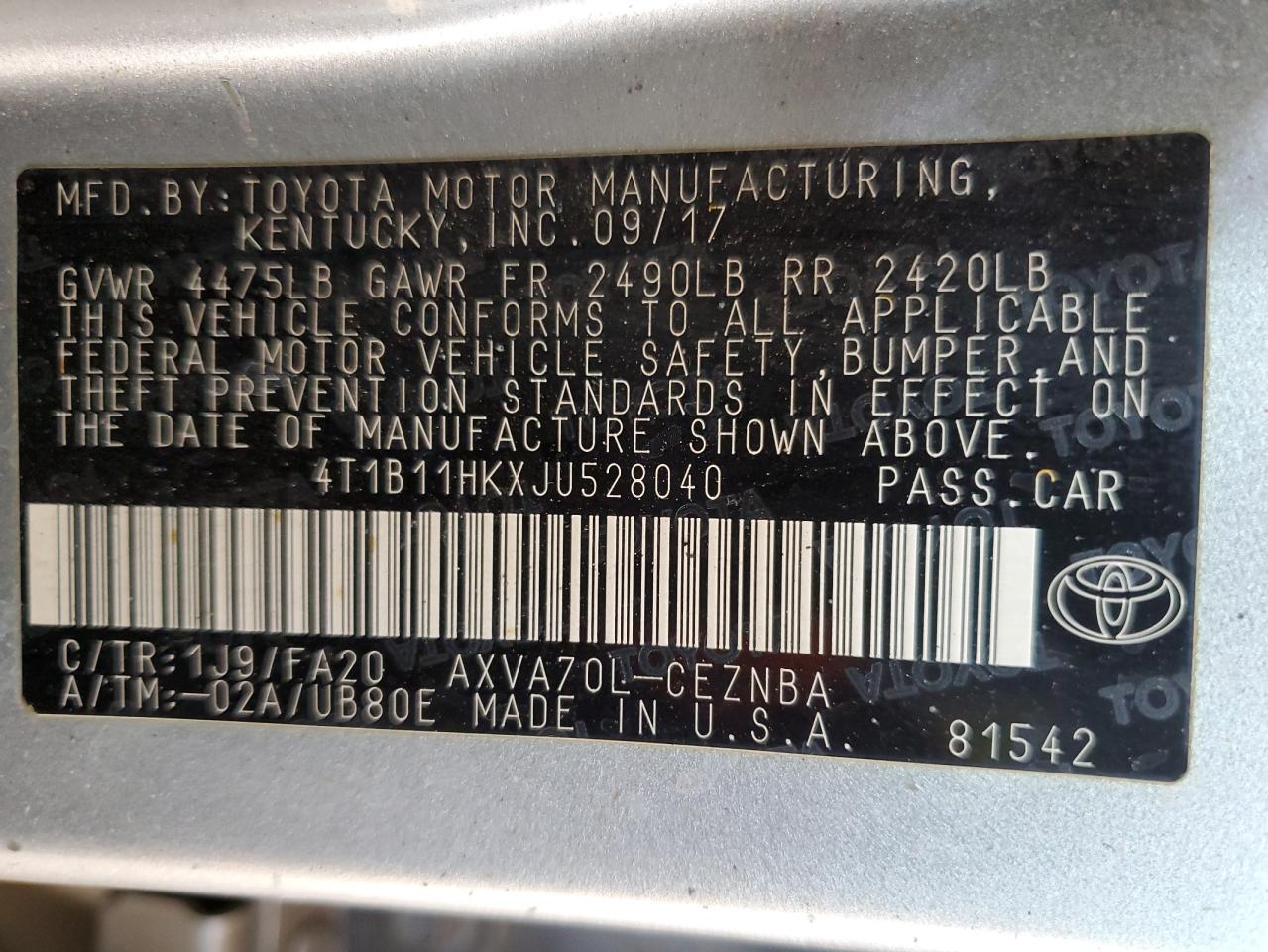 4T1B11HKXJU528040 TOYOTA CAMRY 2018