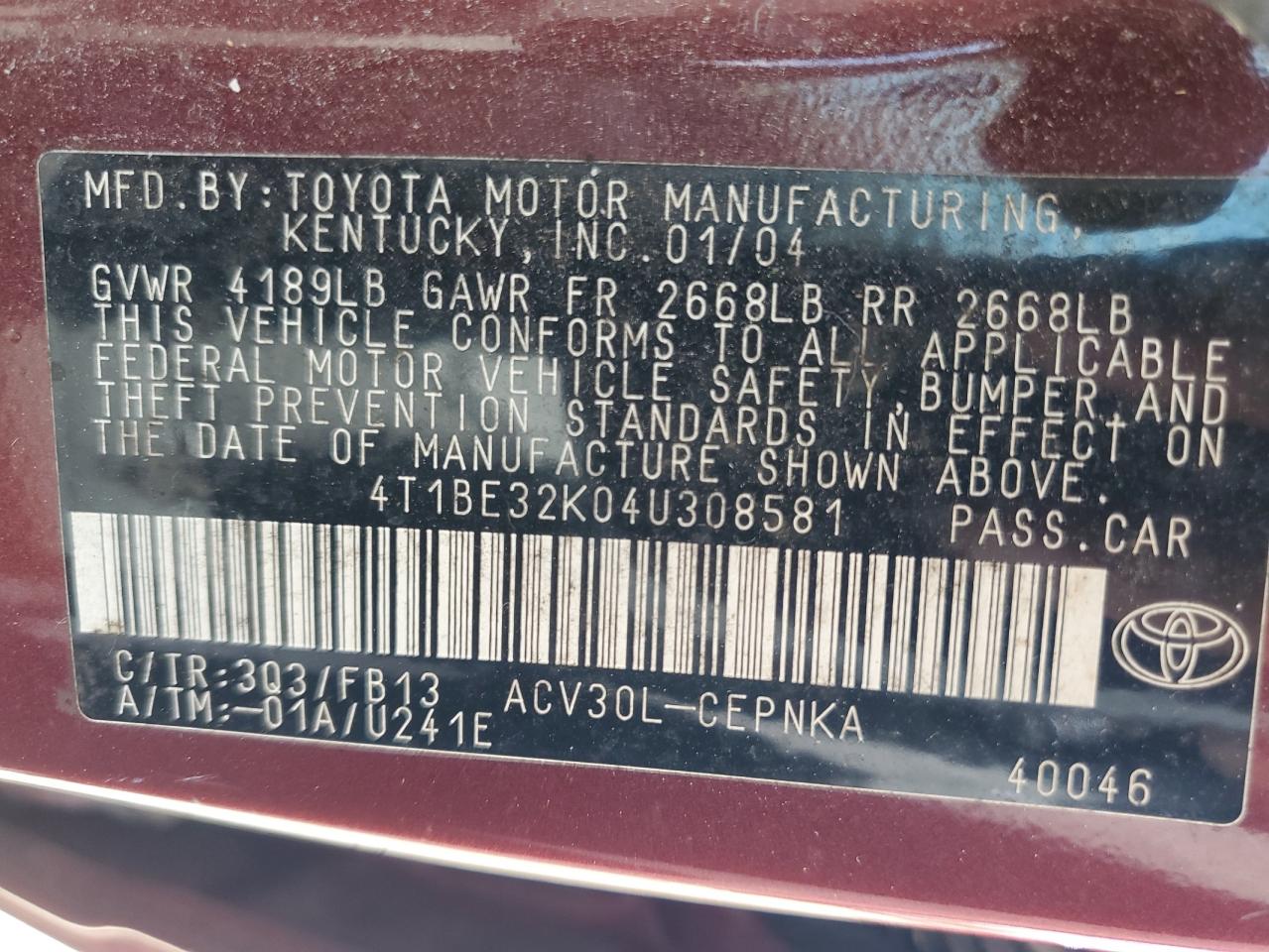 2004 Toyota Camry Le VIN: 4T1BE32K04U308581 Lot: 55254835