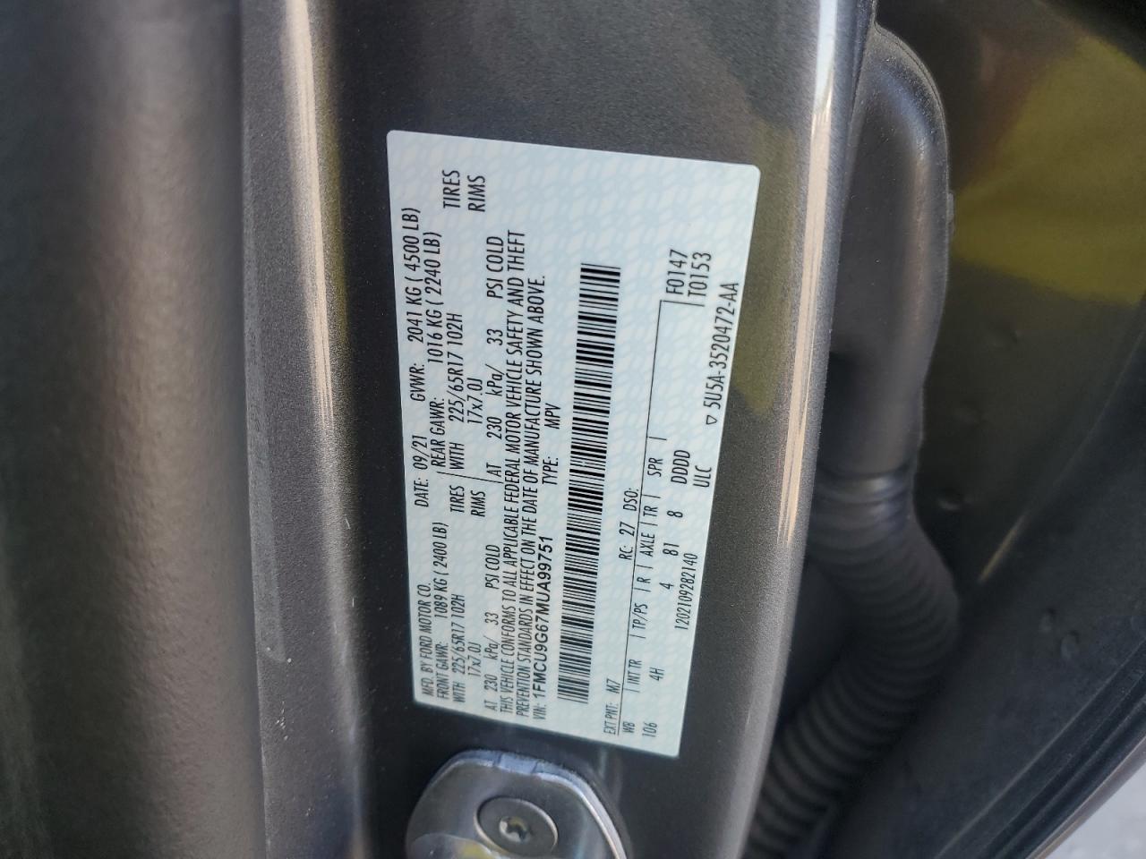 1FMCU9G67MUA99751 FORD ESCAPE 2021