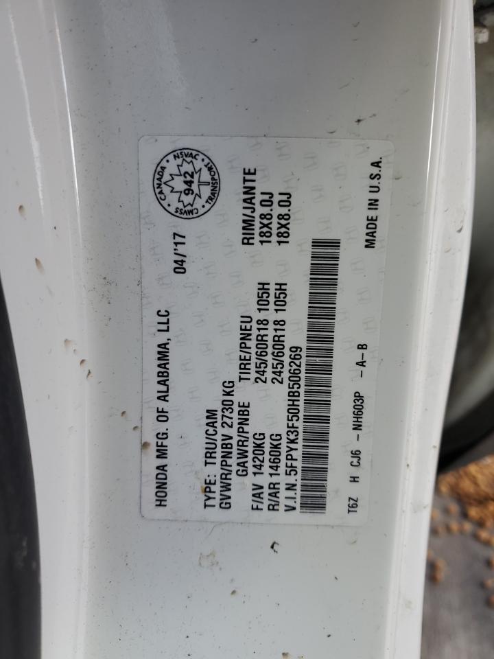 2017 Honda Ridgeline Rtl VIN: 5FPYK3F50HB506269 Lot: 84655805