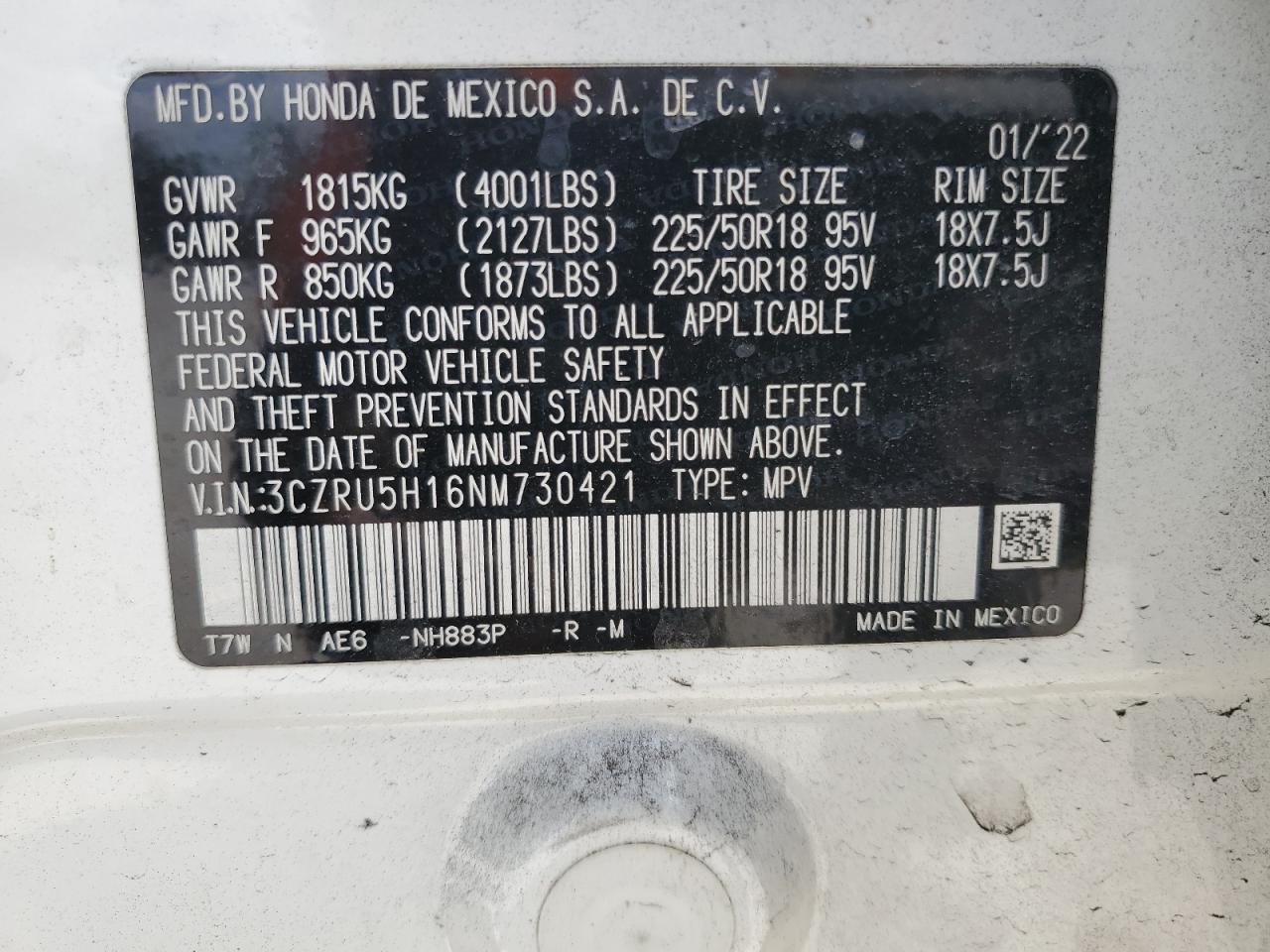 3CZRU5H16NM730421 HONDA HR-V 2022