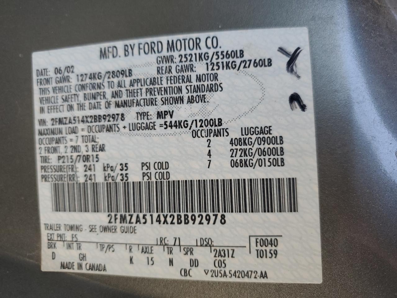 2002 Ford Windstar Lx VIN: 2FMZA514X2BB92978 Lot: 53323305