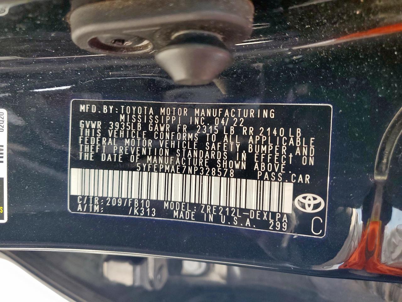 5YFEPMAE7NP328578 TOYOTA COROLLA 2022