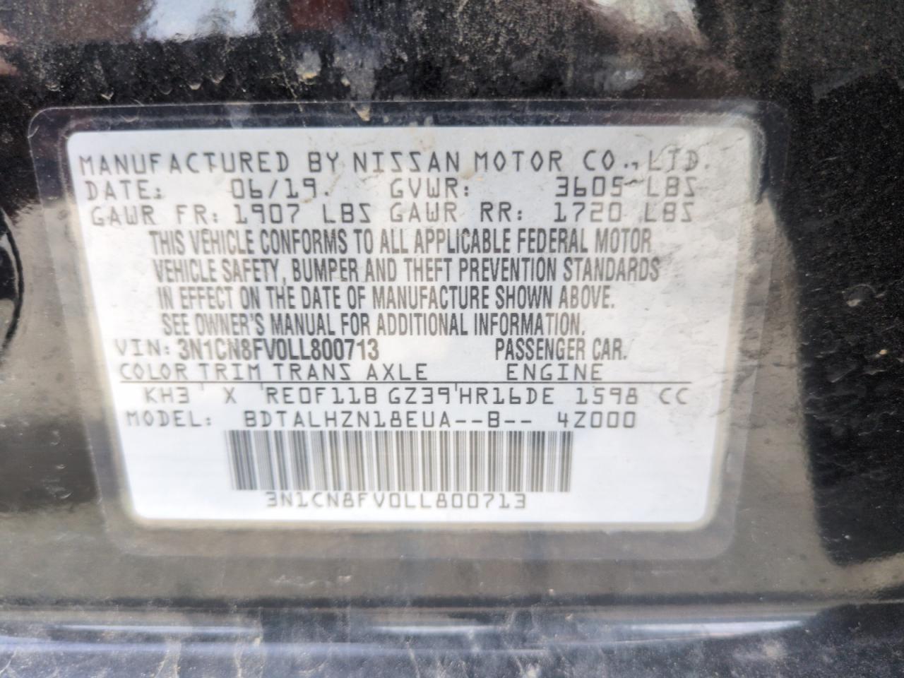 3N1CN8FV0LL800713 NISSAN VERSA 2020