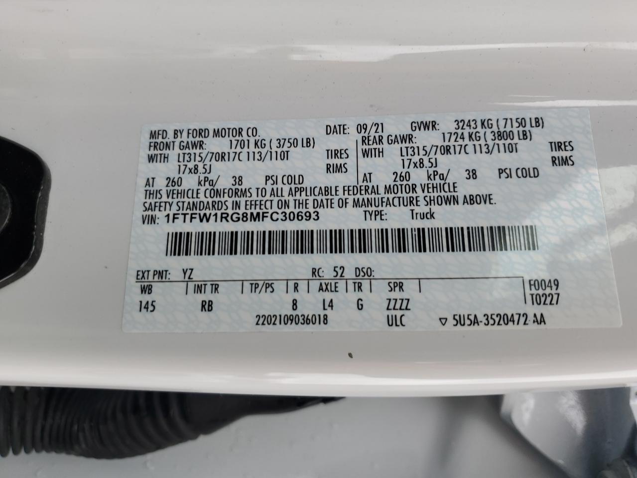 1FTFW1RG8MFC30693 FORD F150 2021