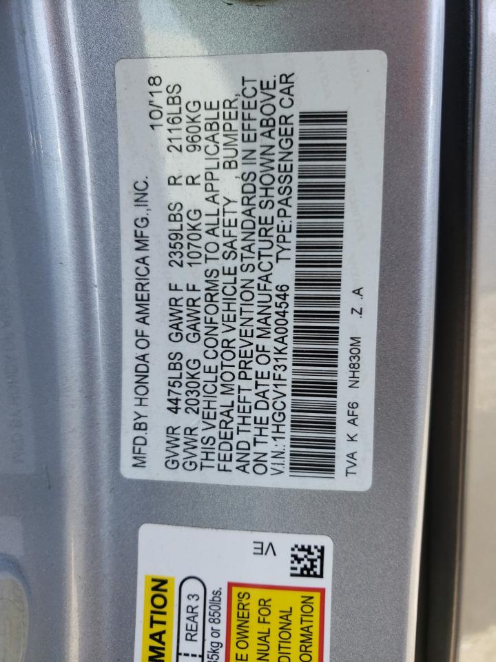 1HGCV1F31KA004546 HONDA ACCORD 2019