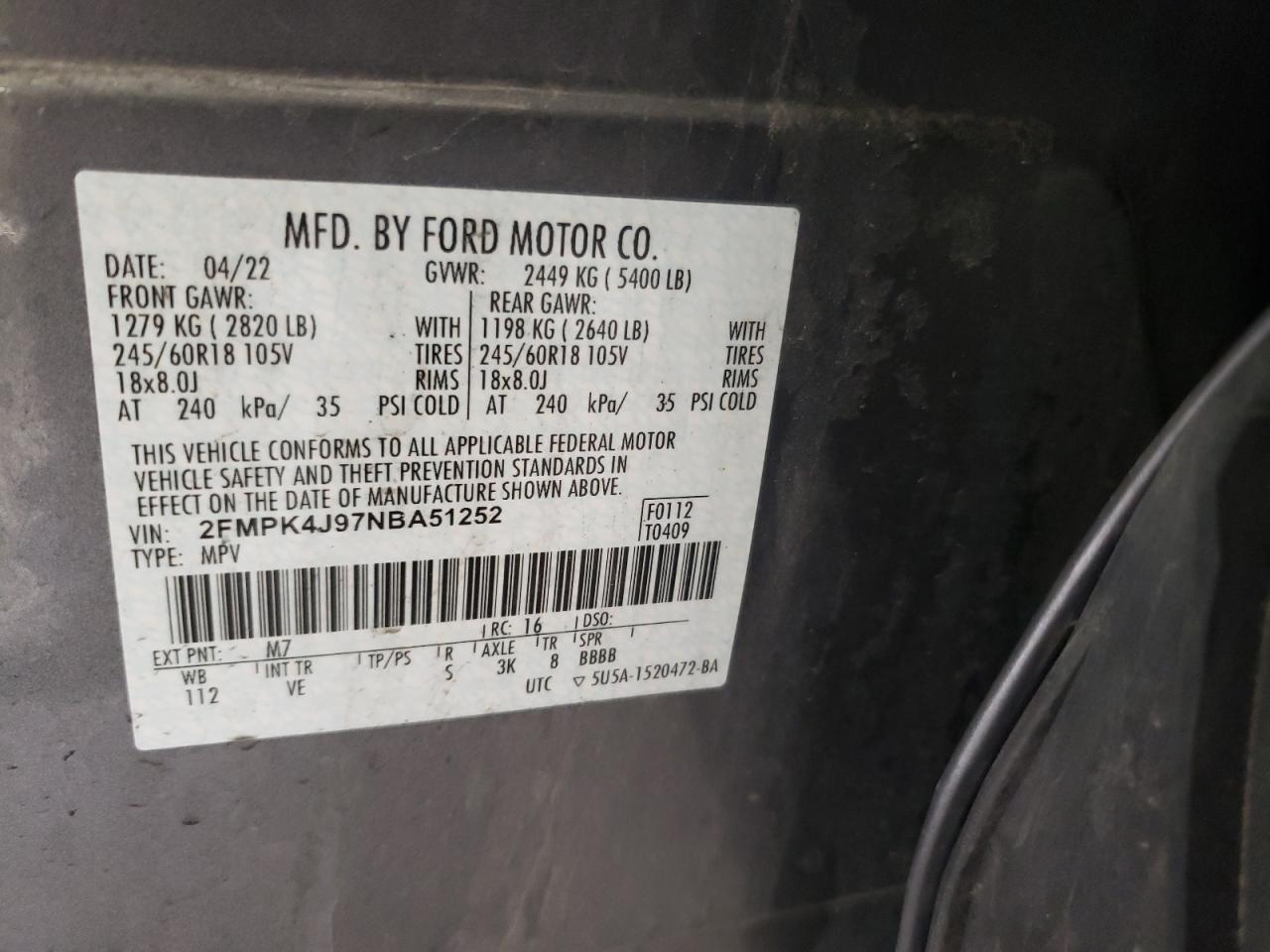 2FMPK4J97NBA51252 FORD EDGE 2022