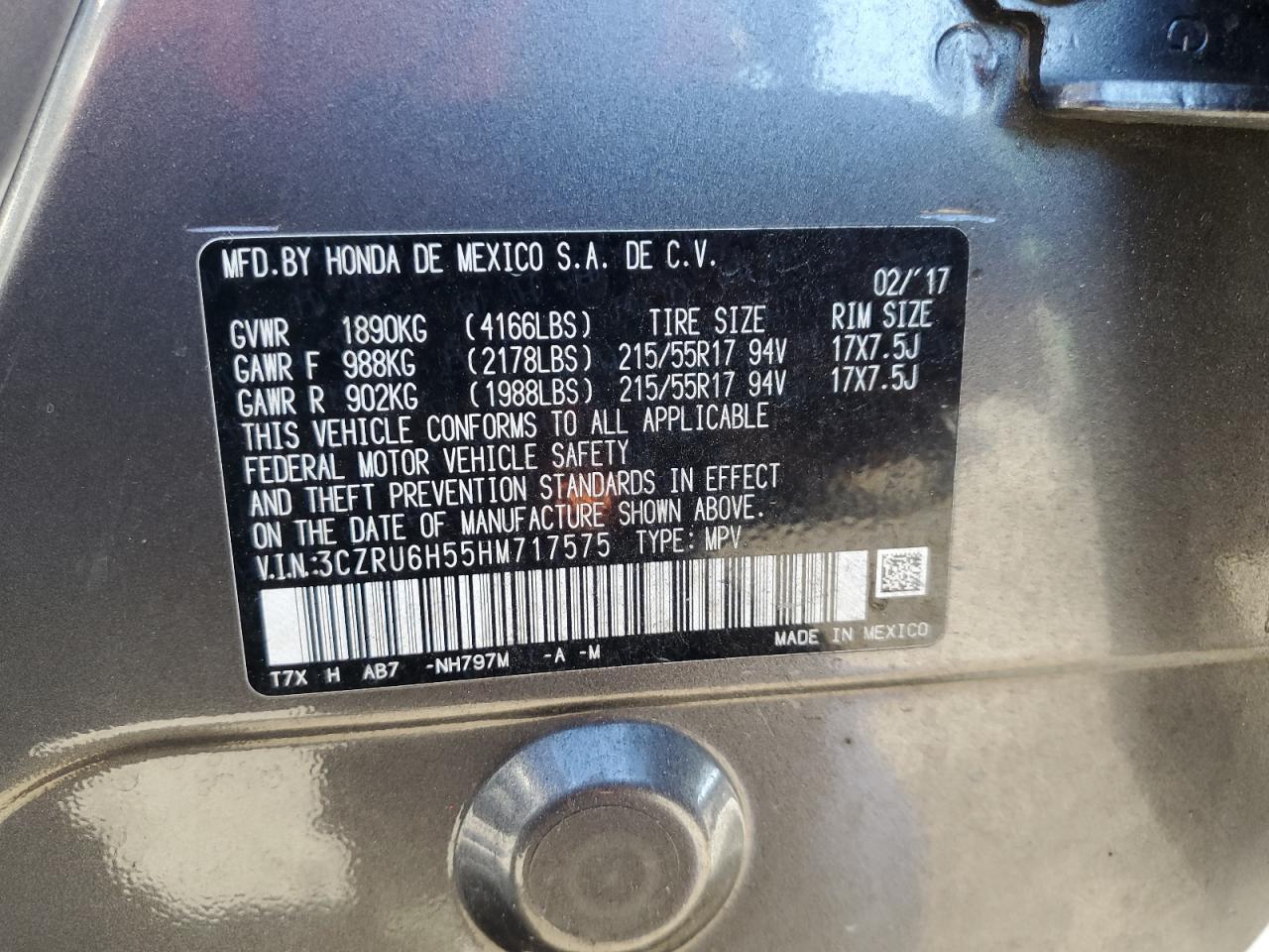 2017 Honda Hr-V Ex VIN: 3CZRU6H55HM717575 Lot: 52526145