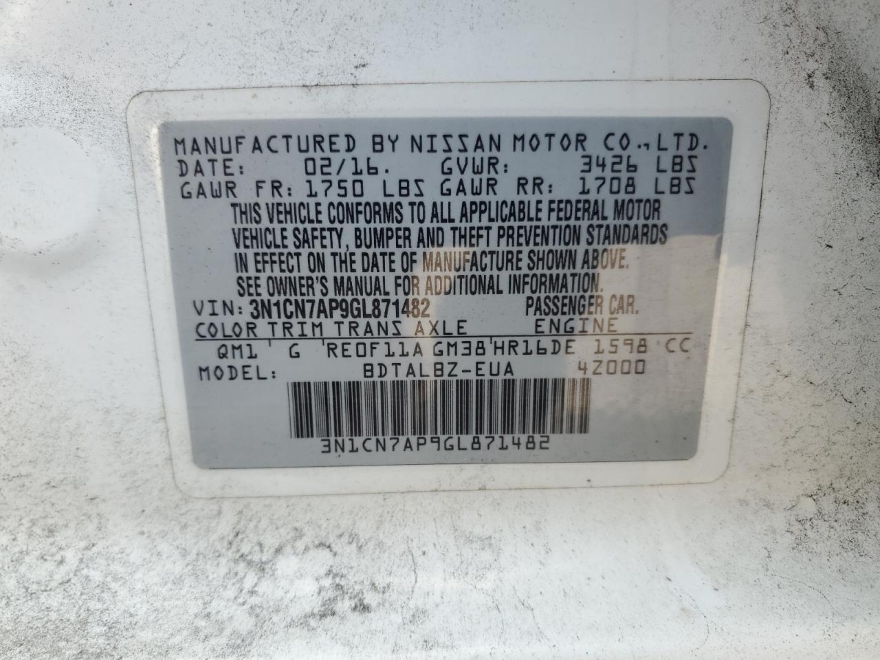 3N1CN7AP9GL871482 NISSAN VERSA 2016