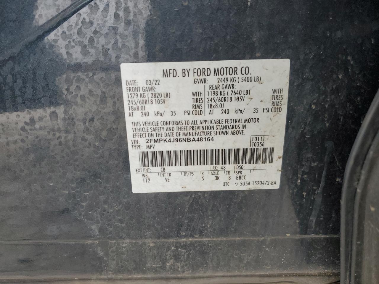 2FMPK4J96NBA48164 FORD EDGE 2022