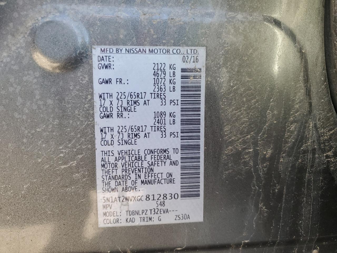 5N1AT2MVXGC812830 NISSAN ROGUE 2016