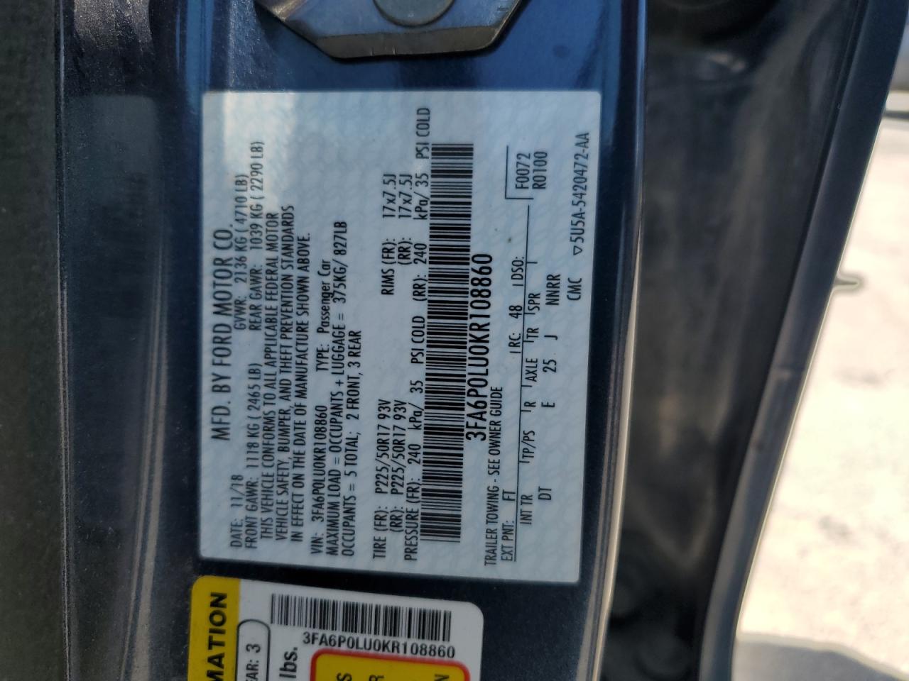 3FA6P0LU0KR108860 FORD FUSION 2019
