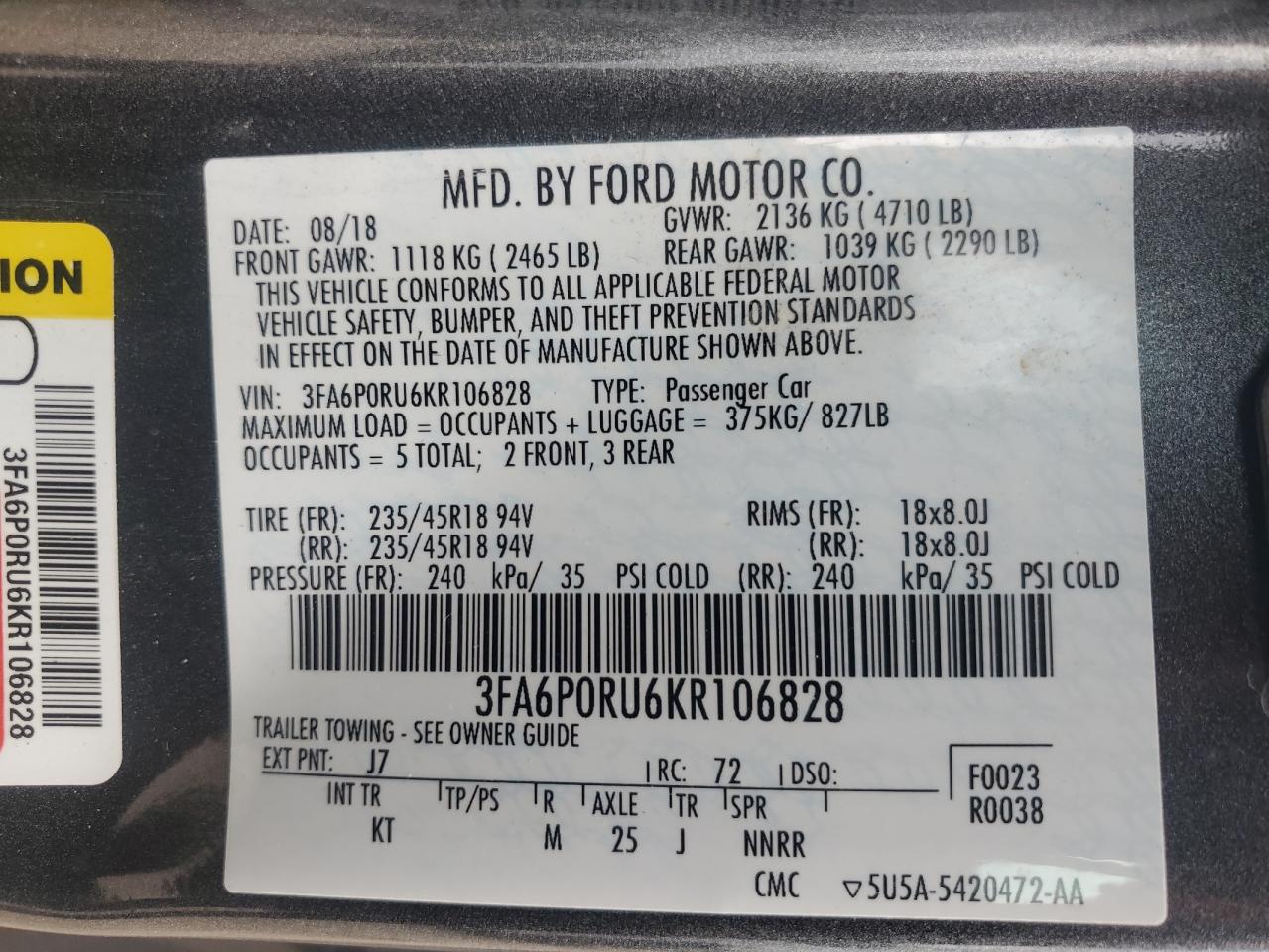 3FA6P0RU6KR106828 FORD FUSION 2019