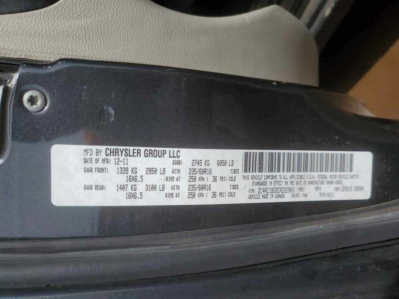 2012 Chrysler Town & Country Touring VIN: 2C4RC1BG9CR222903 Lot: 52086115