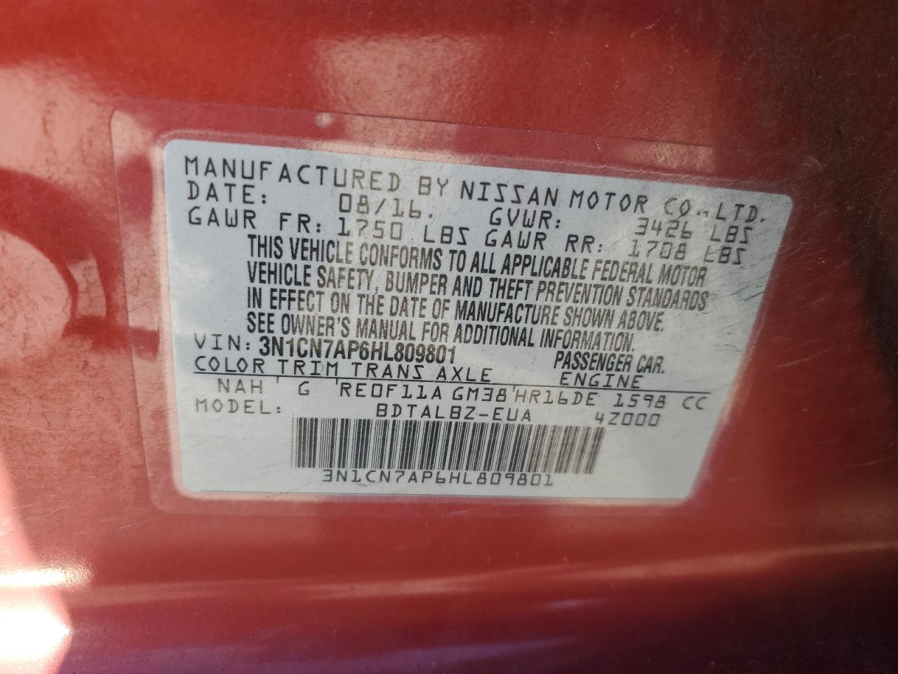 3N1CN7AP6HL809801 NISSAN VERSA 2017