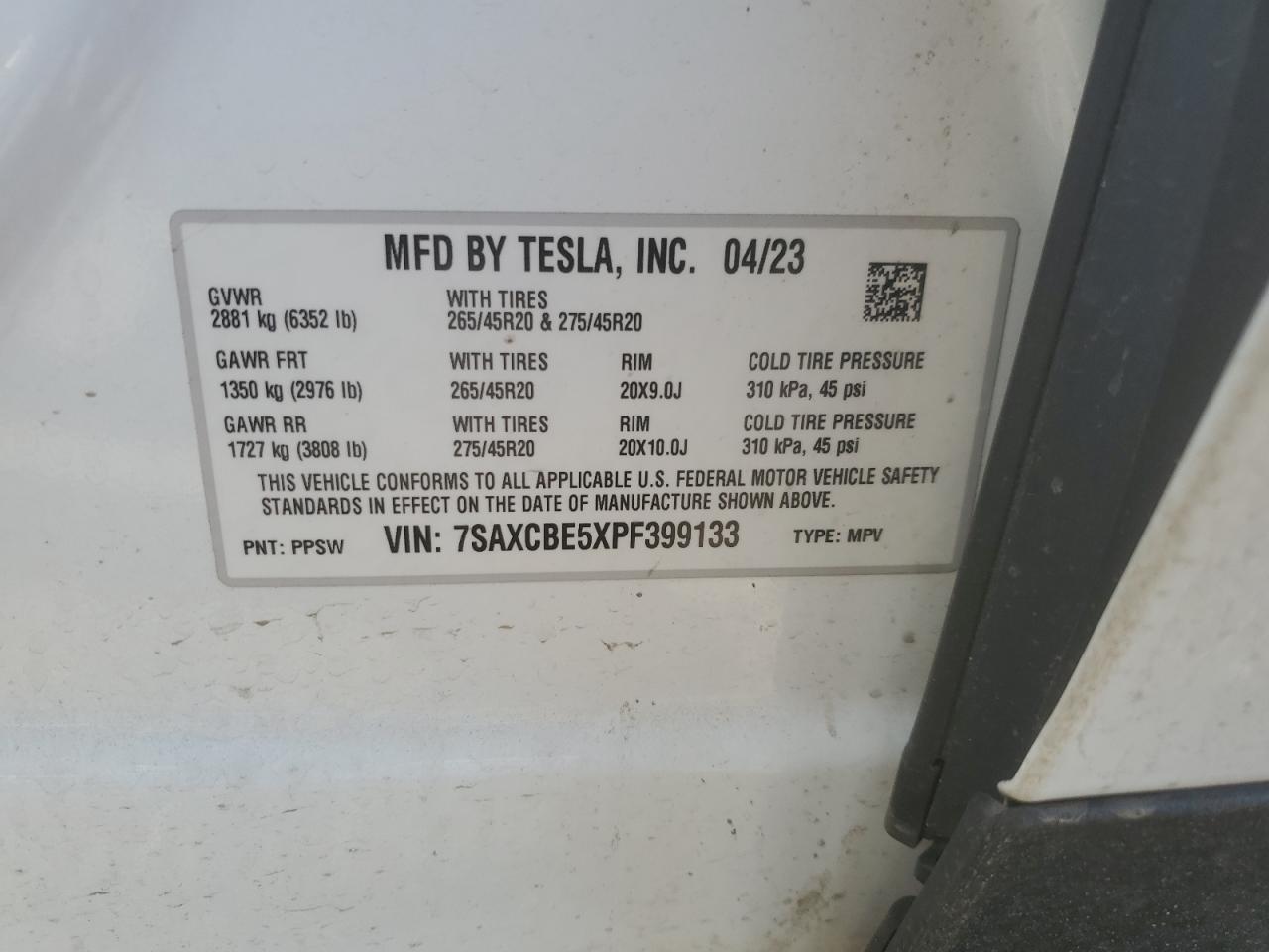 2023 Tesla Model X VIN: 7SAXCBE5XPF399133 Lot: 52615855