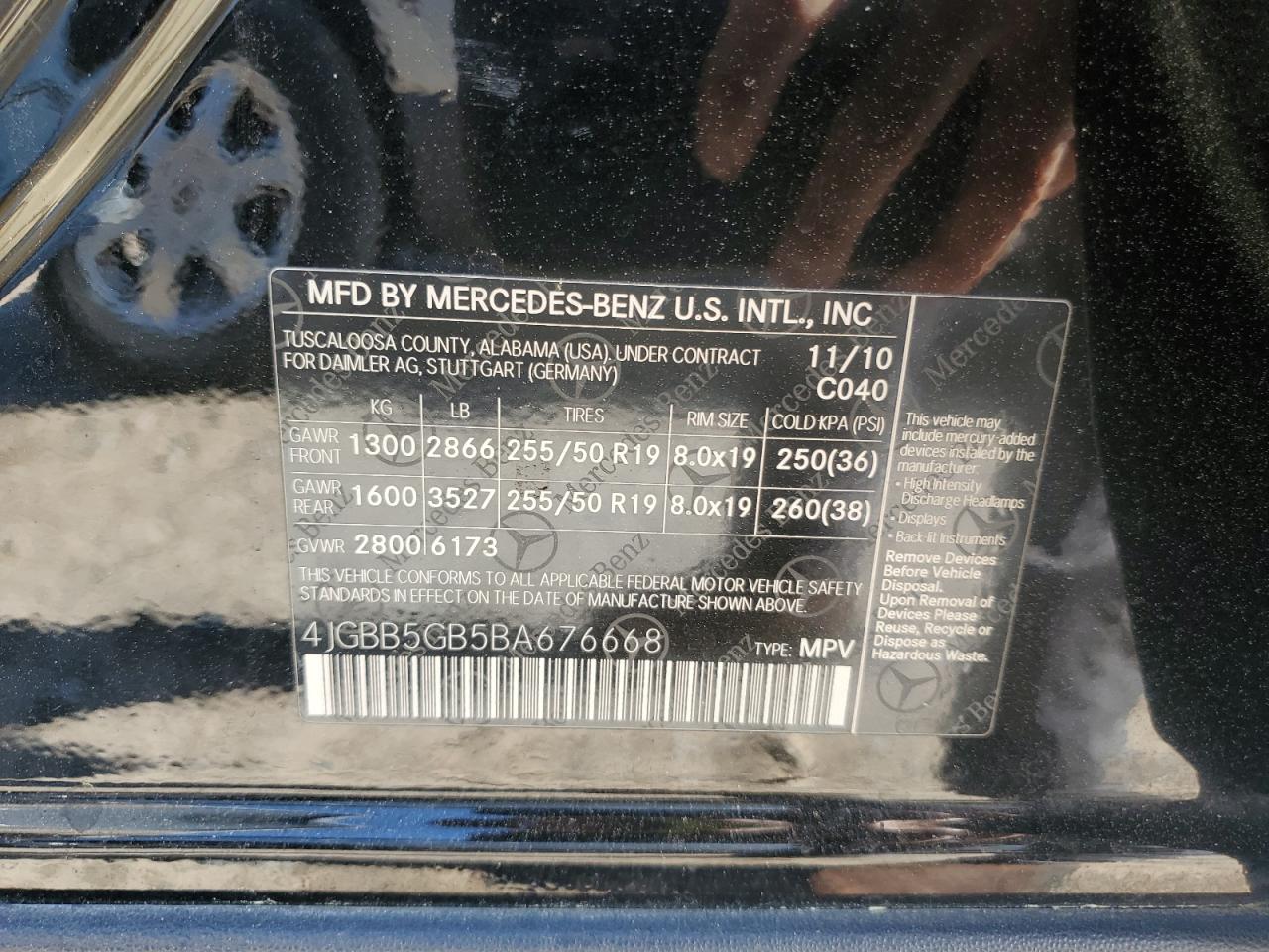 2011 Mercedes-Benz Ml 350 VIN: 4JGBB5GB5BA676668 Lot: 52294505
