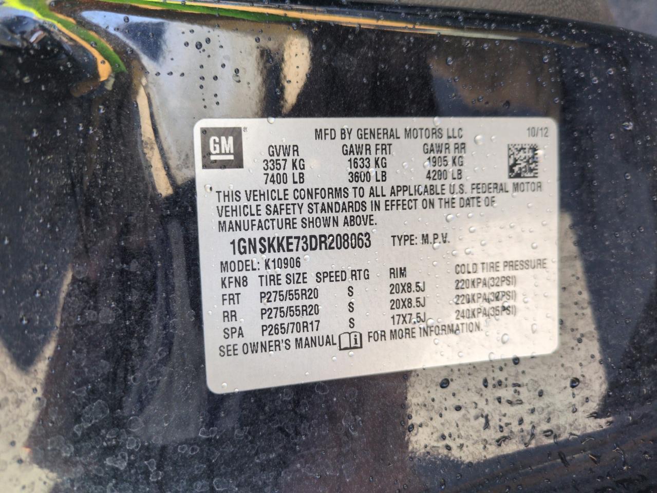 2013 Chevrolet Suburban K1500 Ltz VIN: 1GNSKKE73DR208063 Lot: 53294935