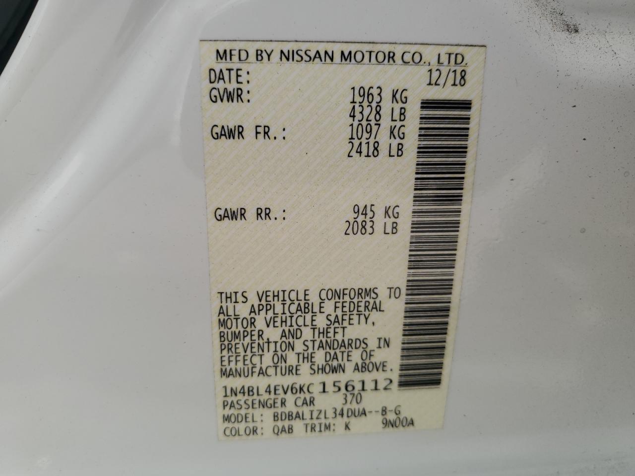 1N4BL4EV6KC156112 NISSAN ALTIMA 2019