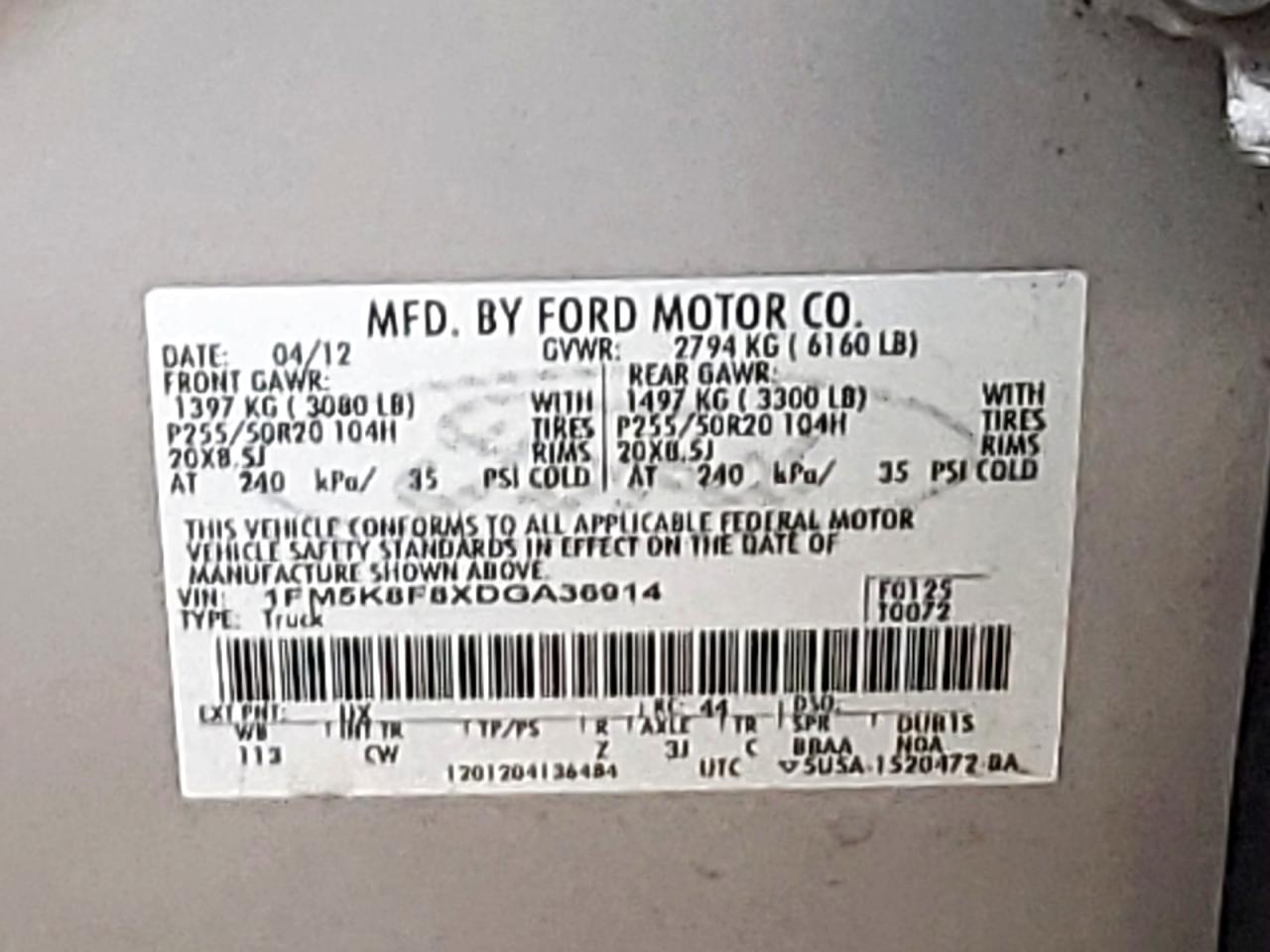 2013 Ford Explorer Limited VIN: 1FM5K8F8XDGA36914 Lot: 54540335