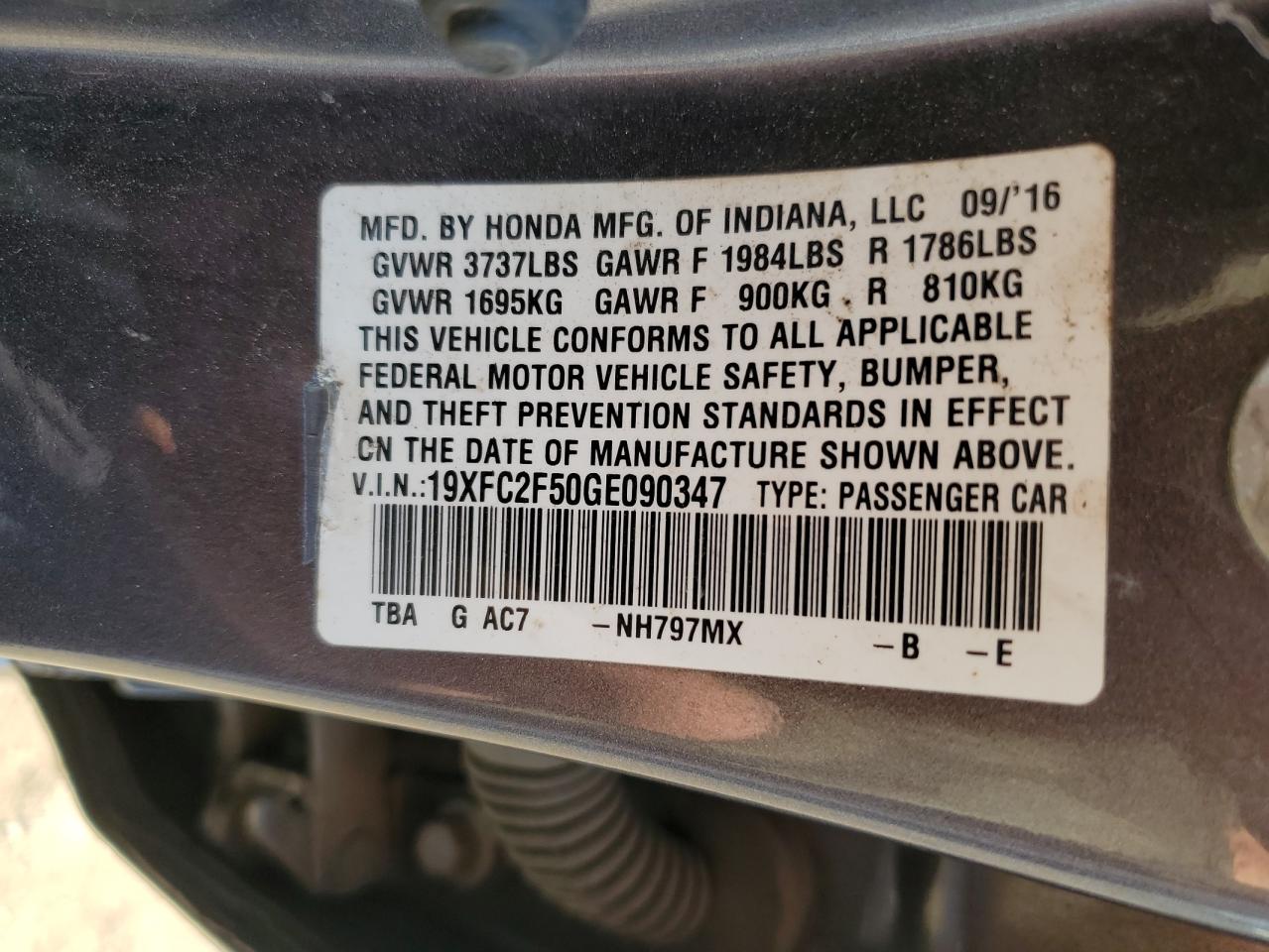 19XFC2F50GE090347 HONDA CIVIC 2016