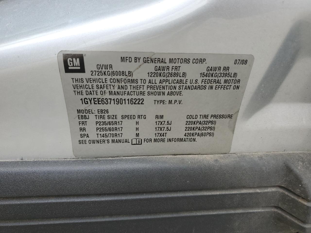 2009 Cadillac Srx VIN: 1GYEE637190116222 Lot: 52548515