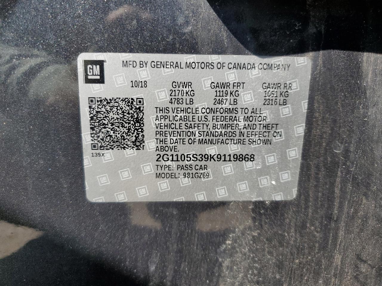 2G1105S39K9119868 CHEVROLET IMPALA 2019