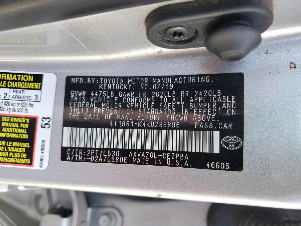 4T1B61HK4KU286896 TOYOTA CAMRY 2019