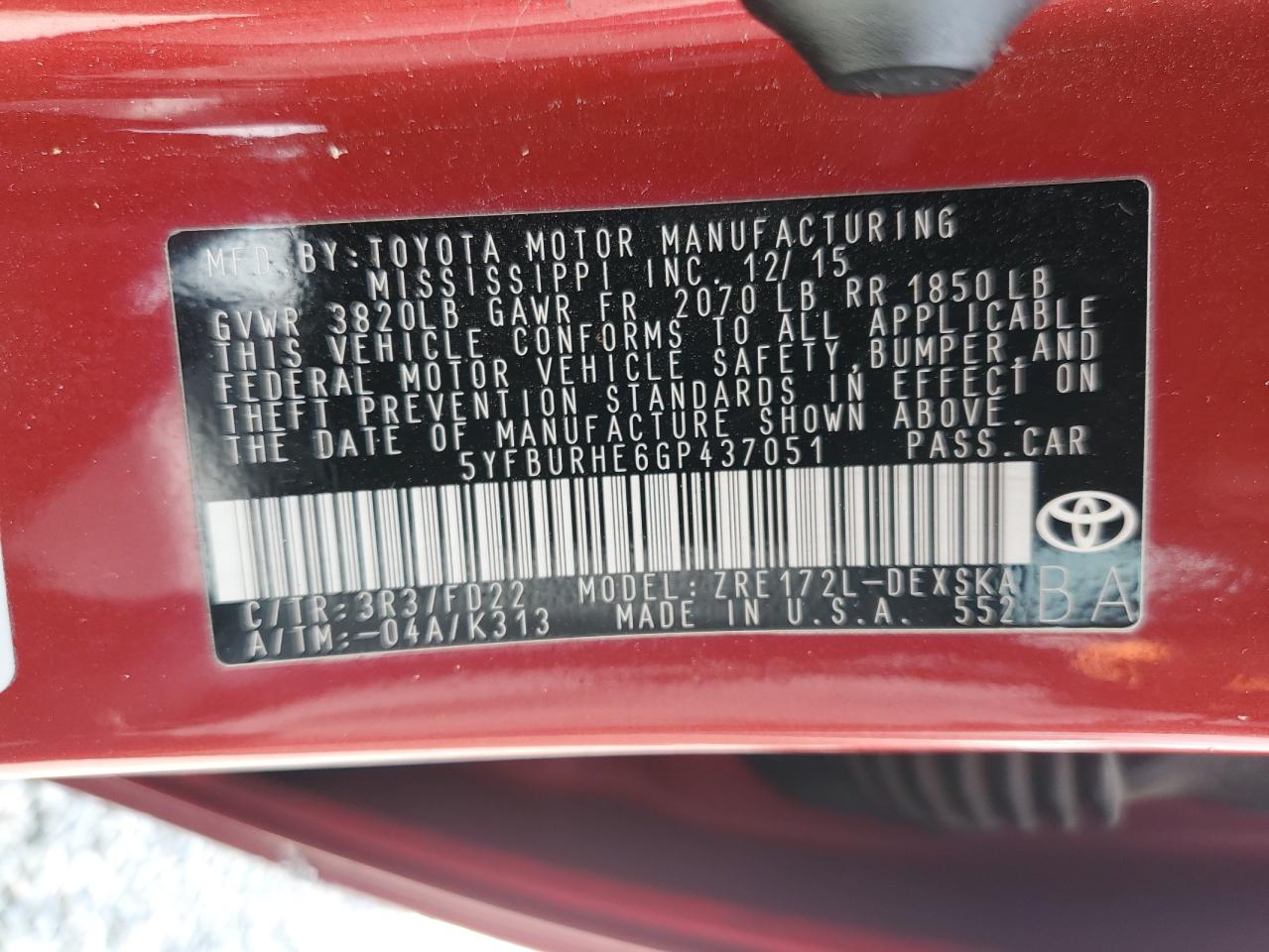 5YFBURHE6GP437051 TOYOTA COROLLA 2016