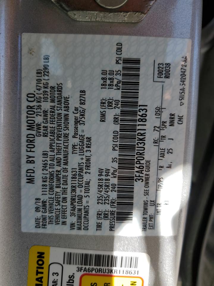 3FA6P0RU3KR118631 FORD FUSION 2019