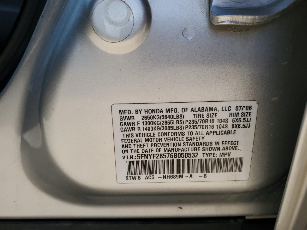 2006 Honda Pilot Ex VIN: 5FNYF28576B050532 Lot: 53135005