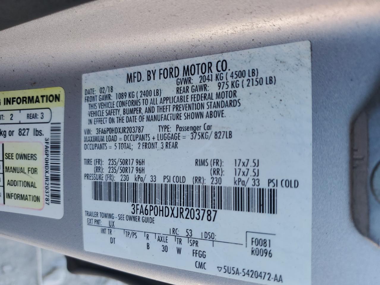 3FA6P0HDXJR203787 FORD FUSION 2018