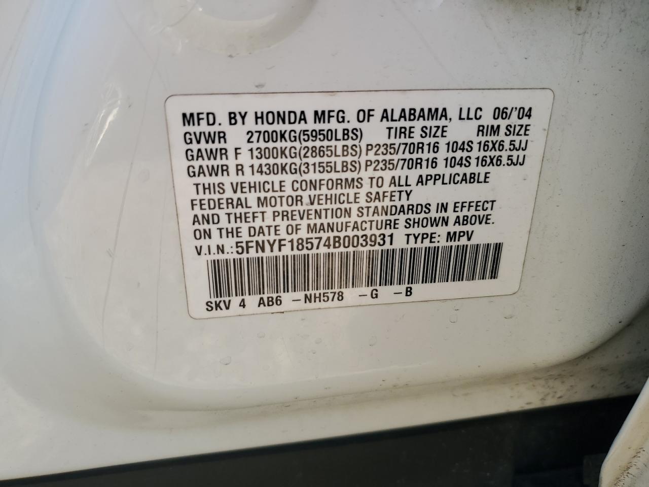 2004 Honda Pilot Exl VIN: 5FNYF18574B003931 Lot: 51701645