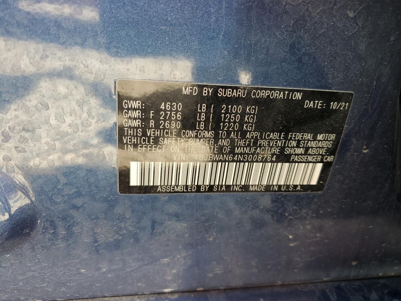 2022 Subaru Legacy Limited VIN: 4S3BWAN64N3008764 Lot: 54870545