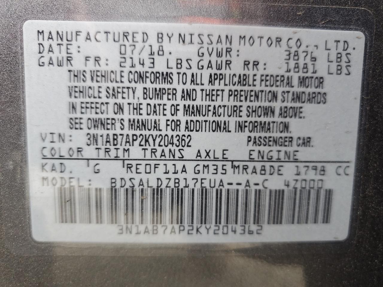 3N1AB7AP2KY204362 NISSAN SENTRA 2019