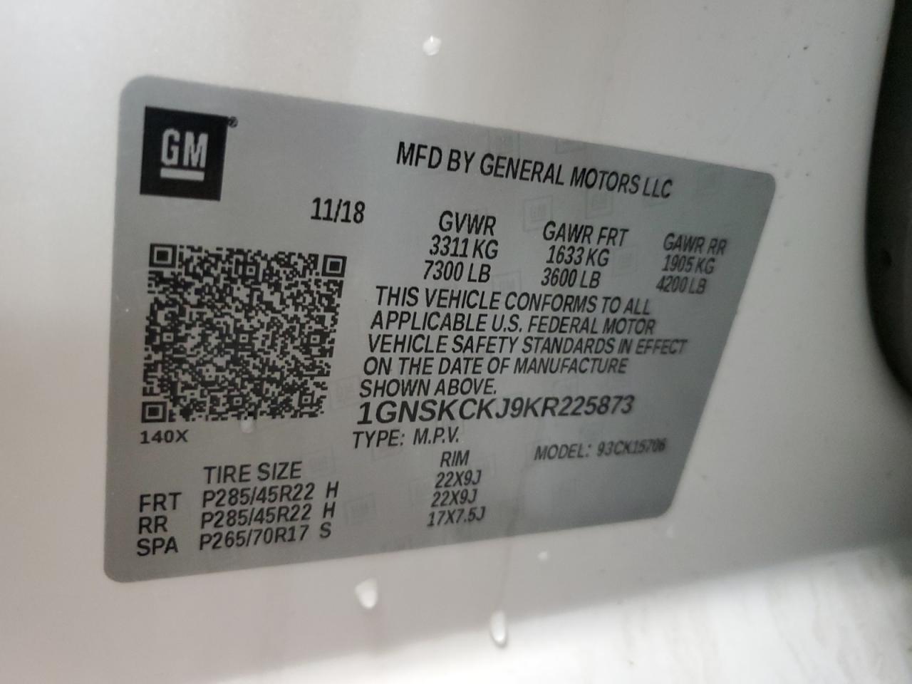 2019 Chevrolet Tahoe K1500 Premier VIN: 1GNSKCKJ9KR225873 Lot: 54562475