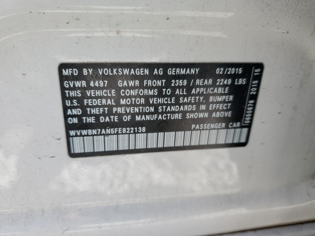 2015 Volkswagen Cc Sport VIN: WVWBN7AN5FE822138 Lot: 53661455