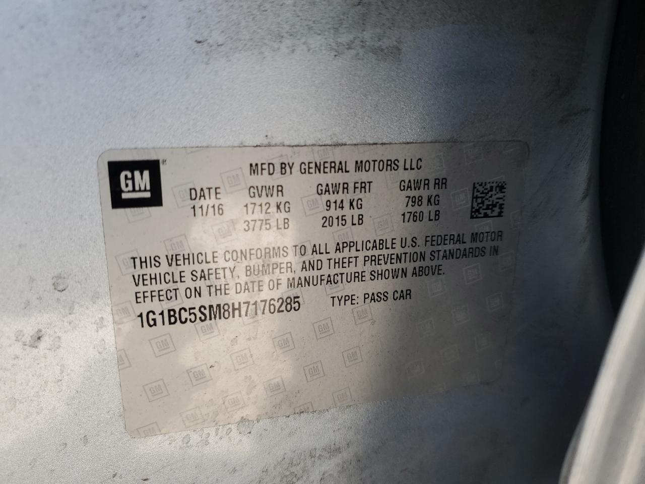 1G1BC5SM8H7176285 CHEVROLET CRUZE 2017