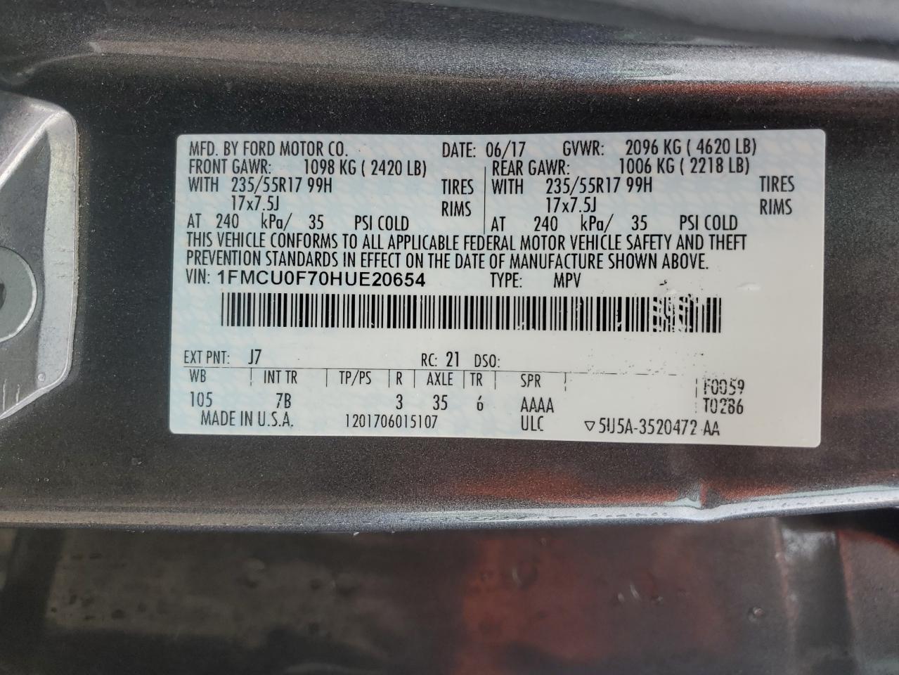 1FMCU0F70HUE20654 FORD ESCAPE 2017